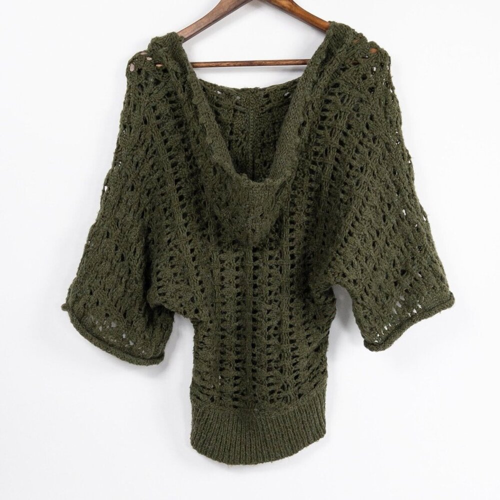 Free People Green Alpaca Mohair Blend Knit Pullover Button Hooded Sweater Small - Picture 2 of 8